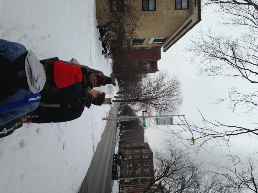 The boys trekking back to the van in Chicago on a snowy Sunday morning.