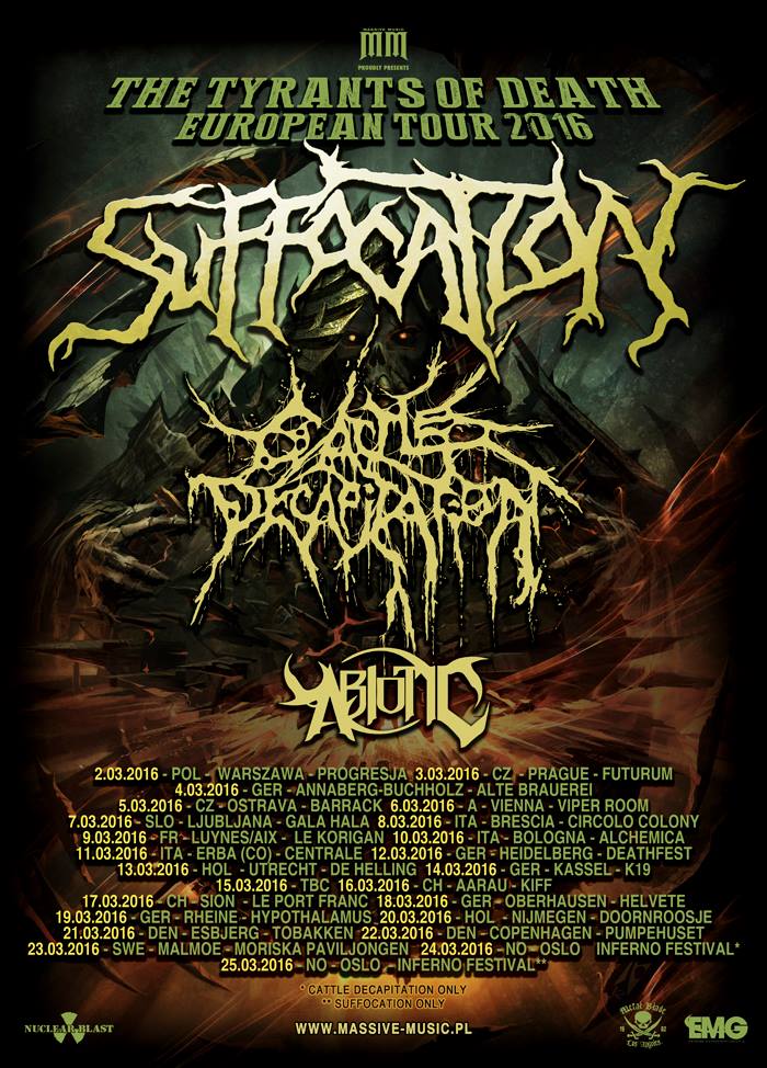 Suffocation - The Tyrants of Death European Tour 2016 - poster