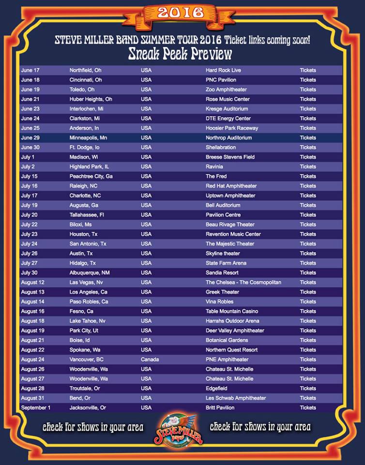 Steve Miller Band - Summer Tour 2016 - poster